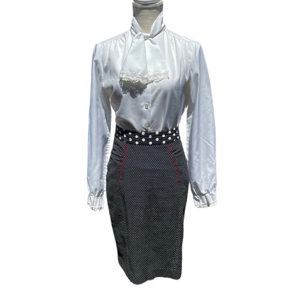 Yoana Baraschi Retro Navy Polka Dot Pin-up Style Pencil Skirt Size 6 - Picture 2 of 9